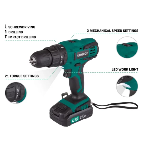 Cordless Impact Drill 20V | Incl 2x 2Ah batteries and charger - Image 3