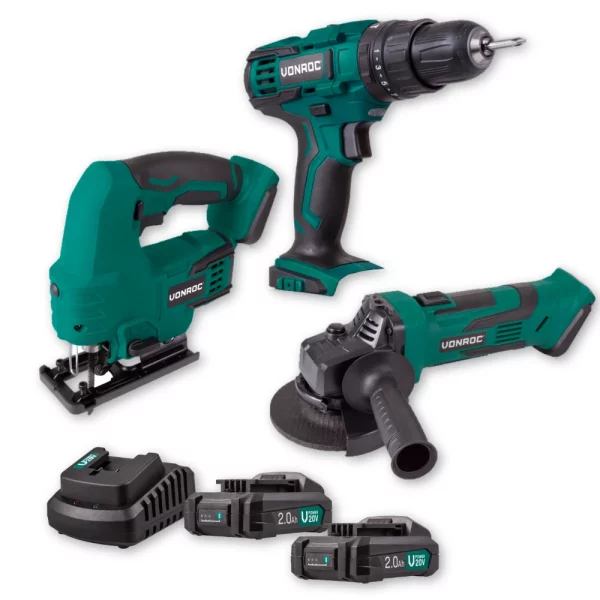 20V 3-Tool Combo | Impact Drill, Jig Saw & Angle Grinder | Incl 2x 2Ah batteries